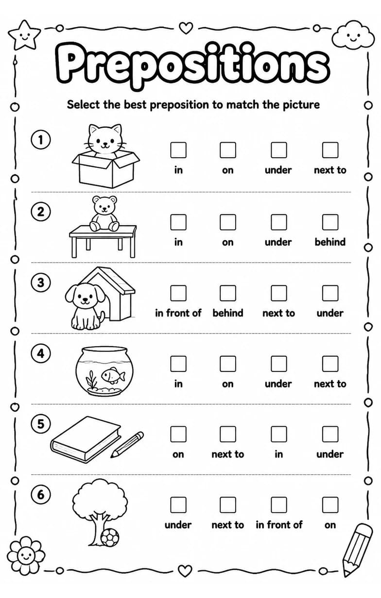 Select the best preposition to match the picture — free printable Grade 1 English & Reading worksheet