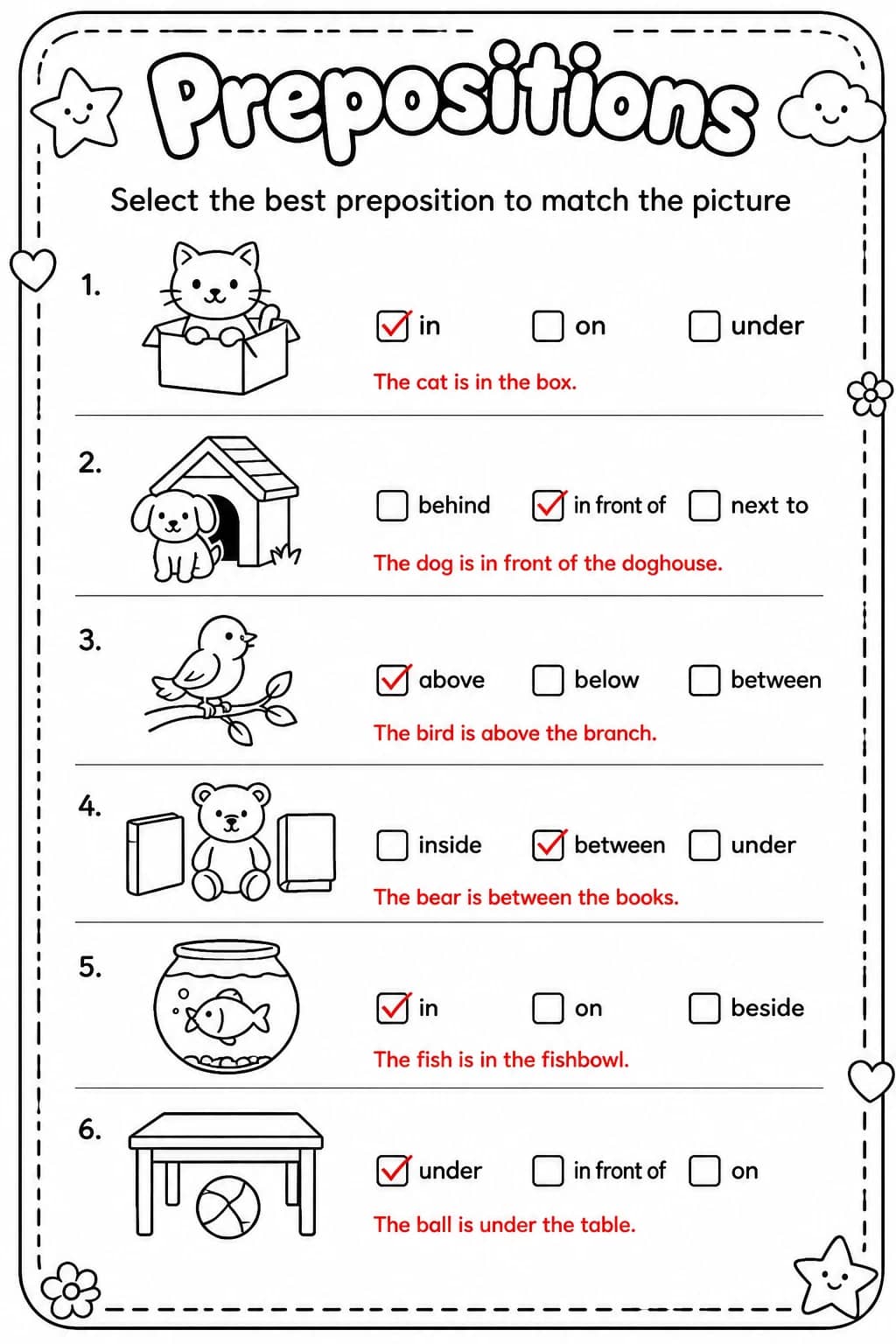 Answer key for Select the best preposition to match the picture — free printable English & Reading worksheet