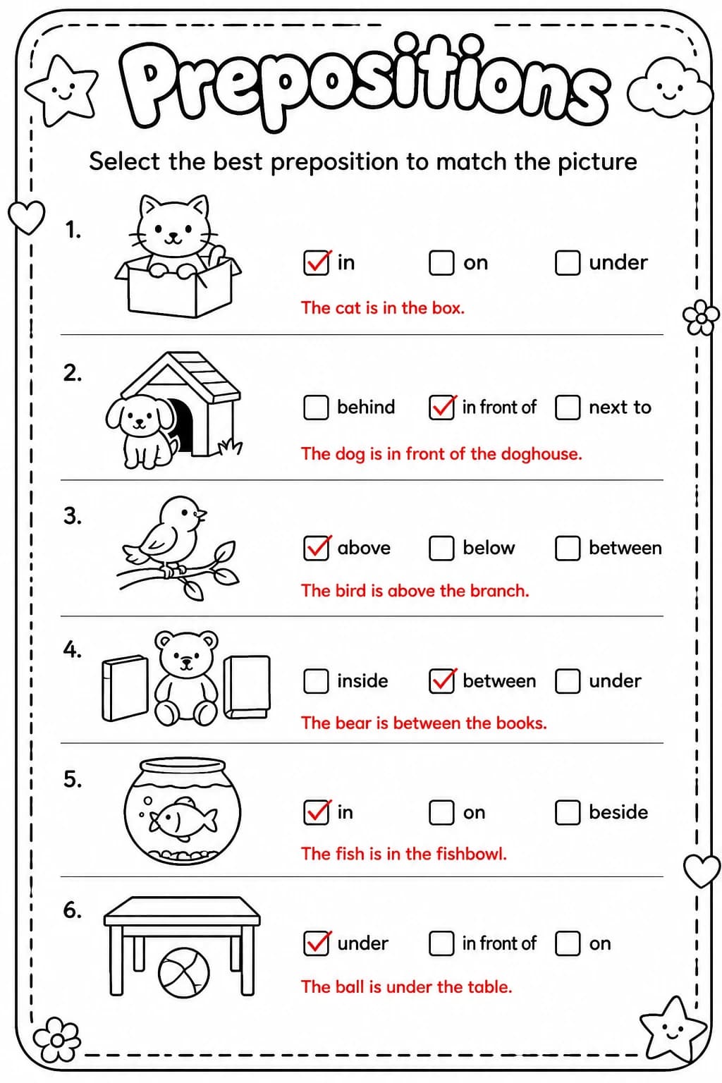 Answer key for Select the best preposition to match the picture — free printable English & Reading worksheet