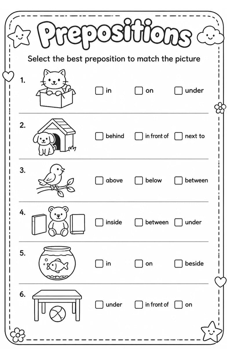 Select the best preposition to match the picture — free printable Grammar and mechanics English worksheet