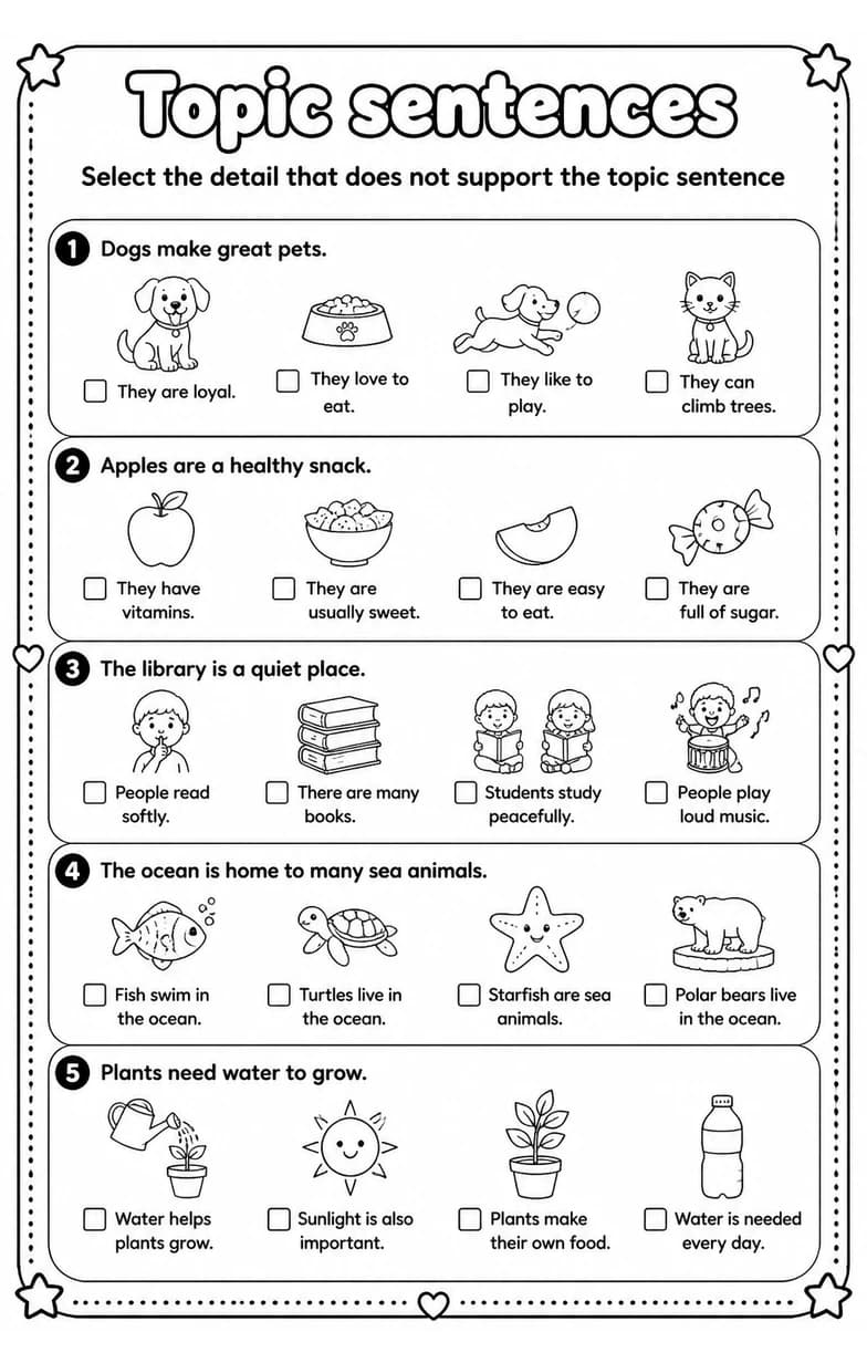 Select the detail that does not support the topic sentence — free printable Writing strategies English worksheet