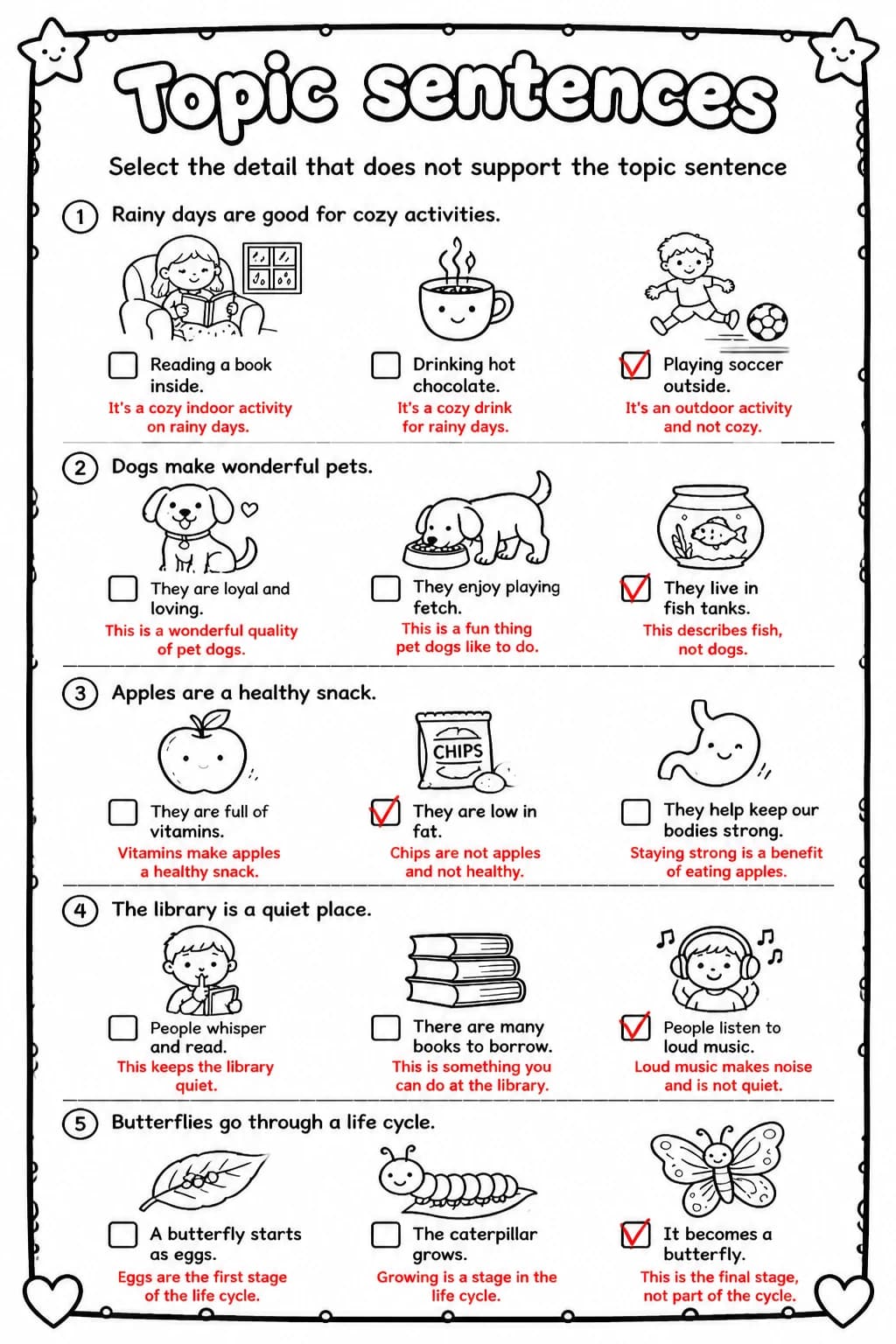 Answer key for Select the detail that does not support the topic sentence — free printable English & Reading worksheet