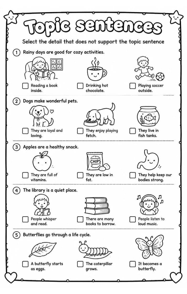Select the detail that does not support the topic sentence — free printable Grade 3 English & Reading worksheet