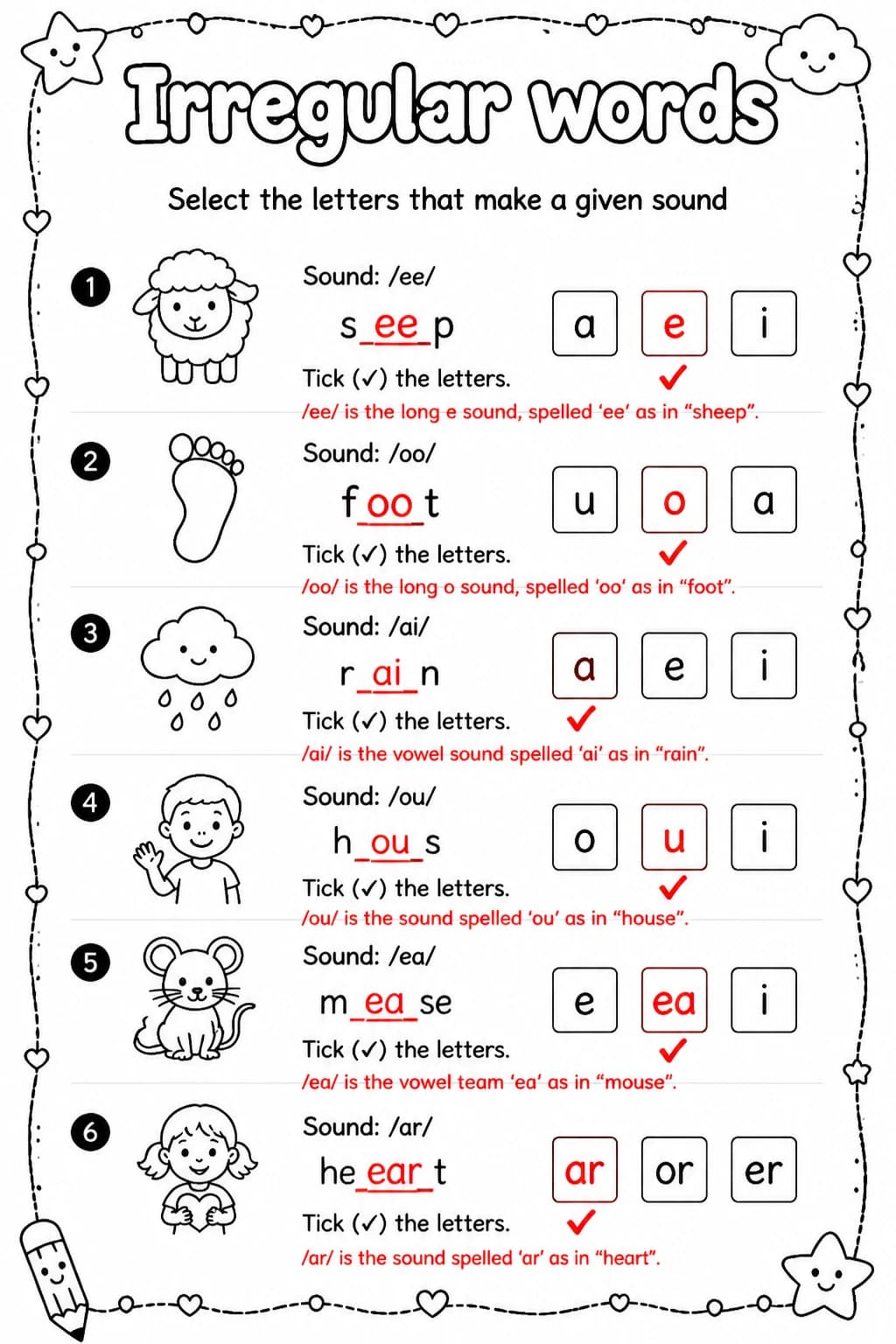 Answer key for Select the letters that make a given sound — free printable English & Reading worksheet
