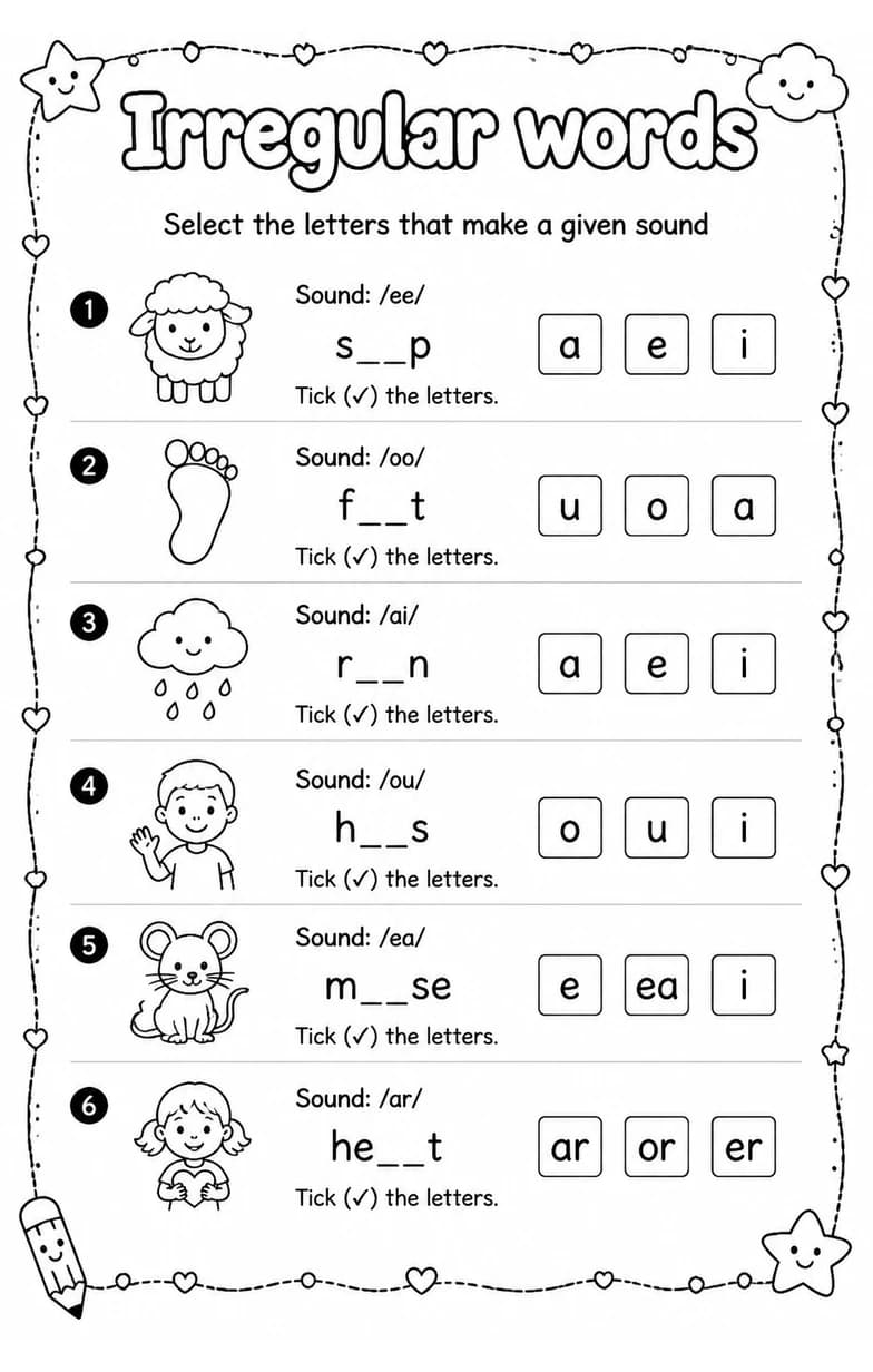 Select the letters that make a given sound — free printable Reading foundations English worksheet