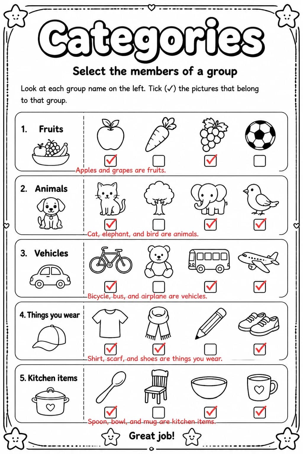 Answer key for Select the members of a group — free printable English & Reading worksheet