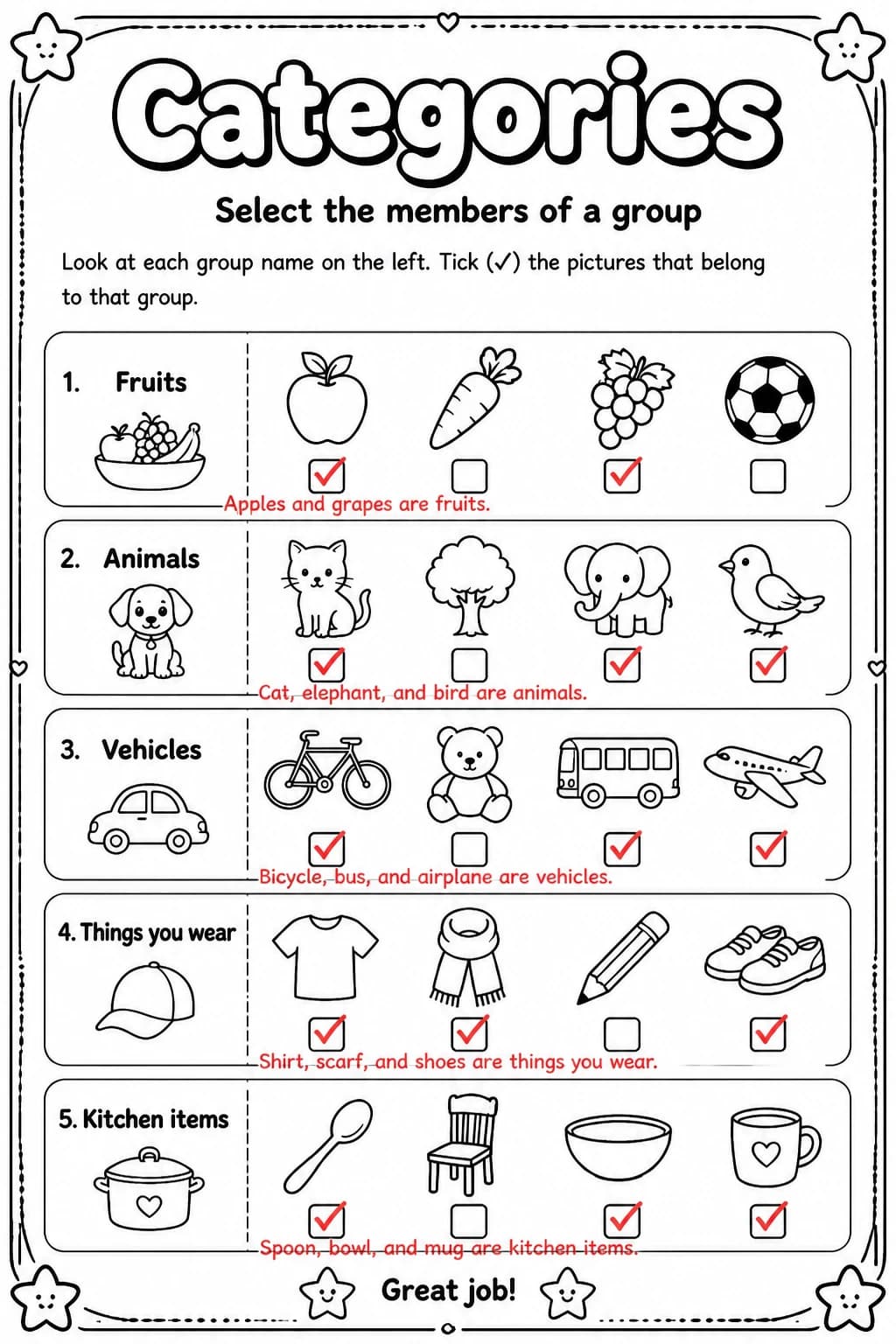 Answer key for Select the members of a group — free printable English & Reading worksheet