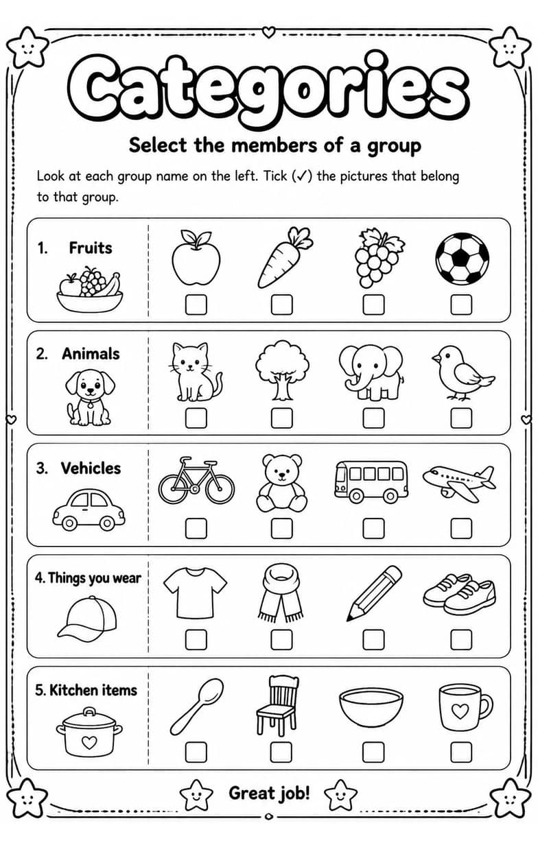 Select the members of a group — free printable Vocabulary English worksheet