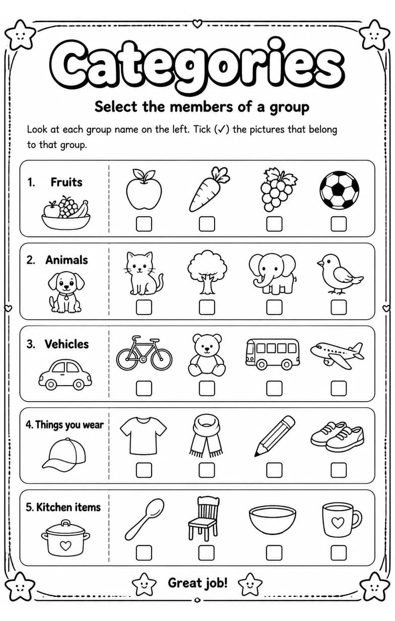 Select the members of a group — free printable Vocabulary English worksheet
