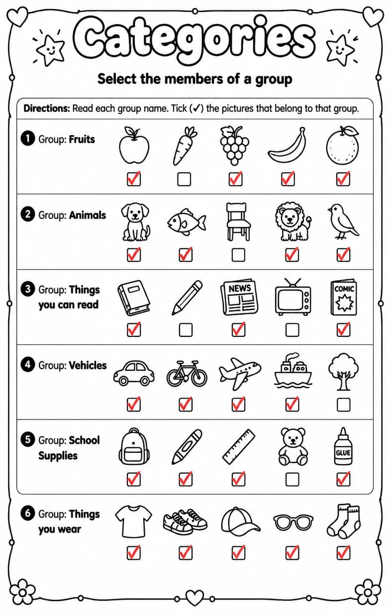 Answer key for Select the members of a group — free printable English & Reading worksheet