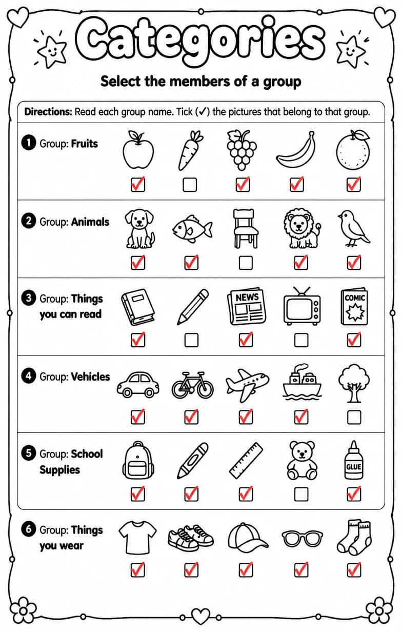 Answer key for Select the members of a group — free printable English & Reading worksheet