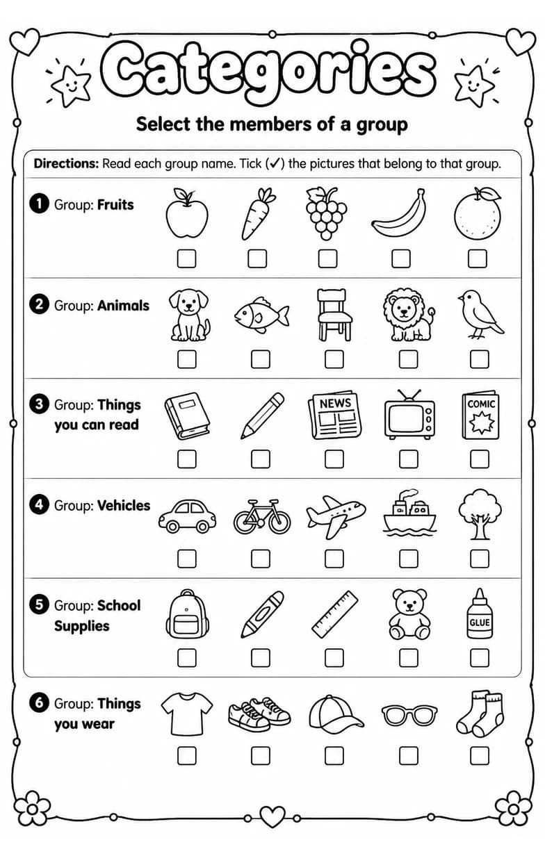 Select the members of a group — free printable Vocabulary English worksheet