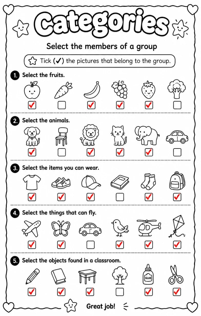 Answer key for Select the members of a group — free printable English & Reading worksheet