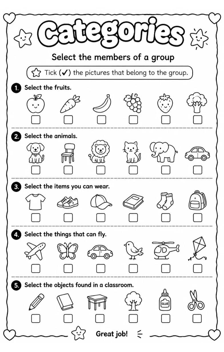 Select the members of a group — free printable Vocabulary English worksheet