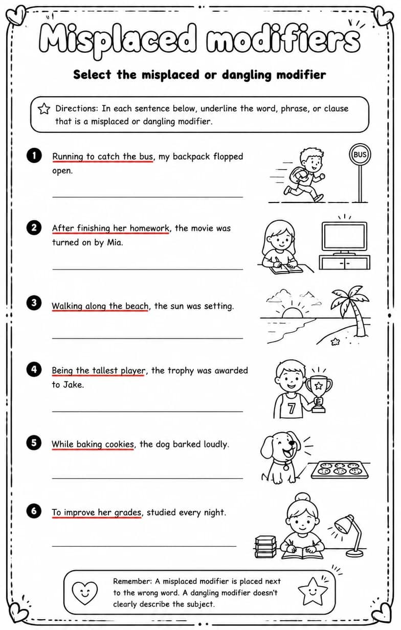 Answer key for Select the misplaced or dangling modifier — free printable English & Reading worksheet