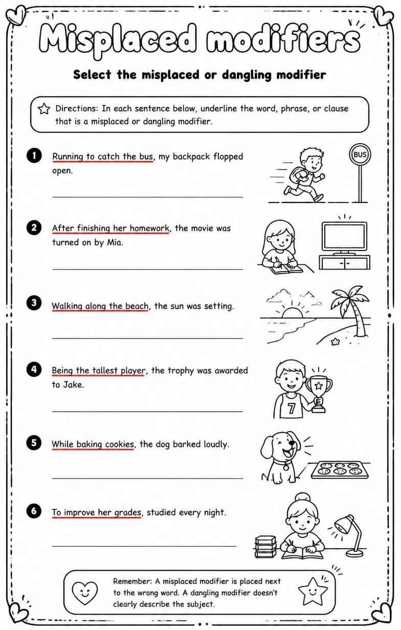 Answer key for Select the misplaced or dangling modifier — free printable English & Reading worksheet