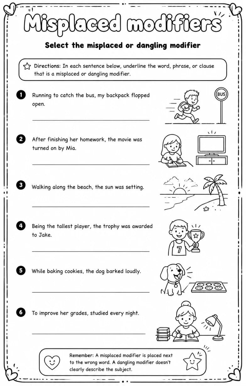 Select the misplaced or dangling modifier — free printable Grammar and mechanics English worksheet