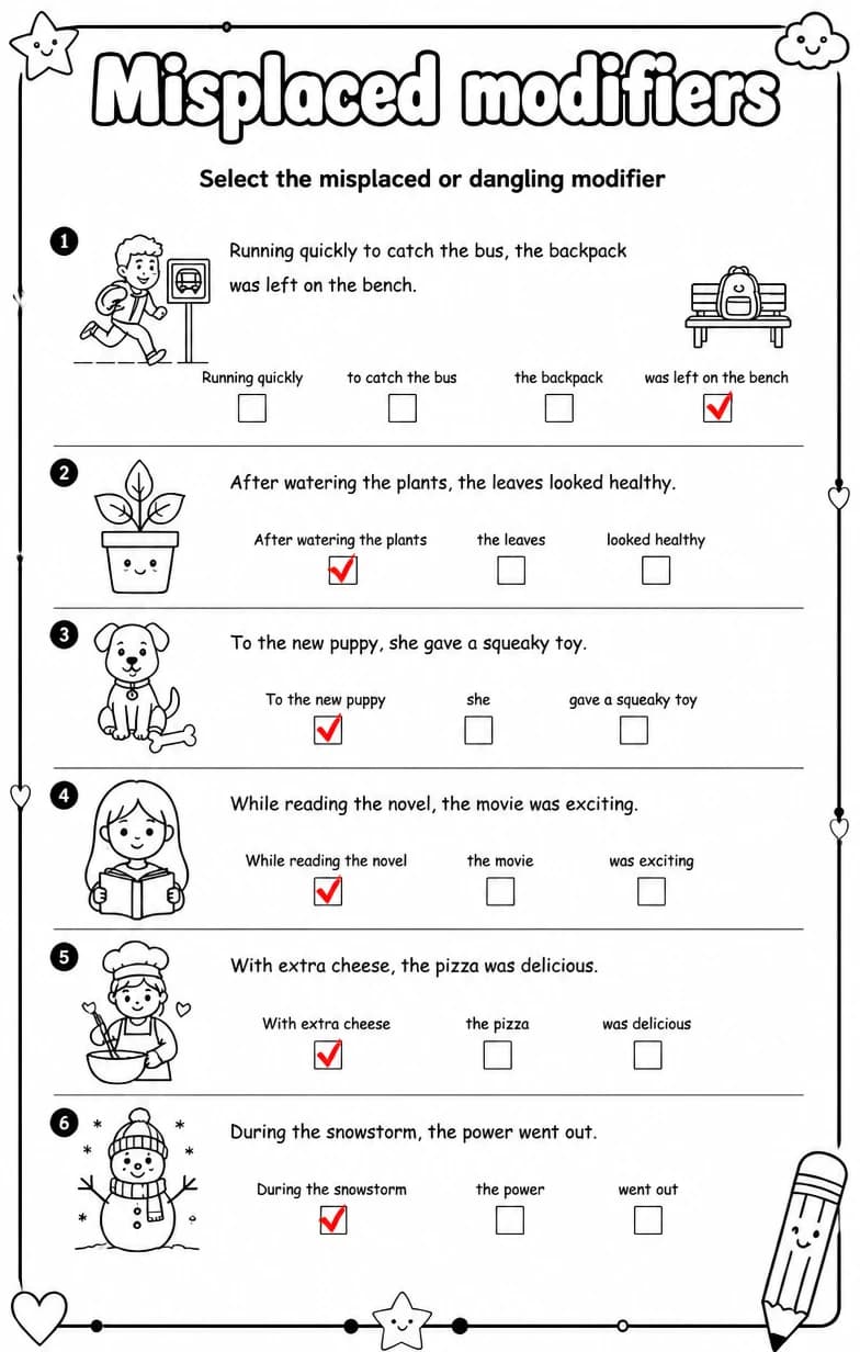 Answer key for Select the misplaced or dangling modifier — free printable English & Reading worksheet