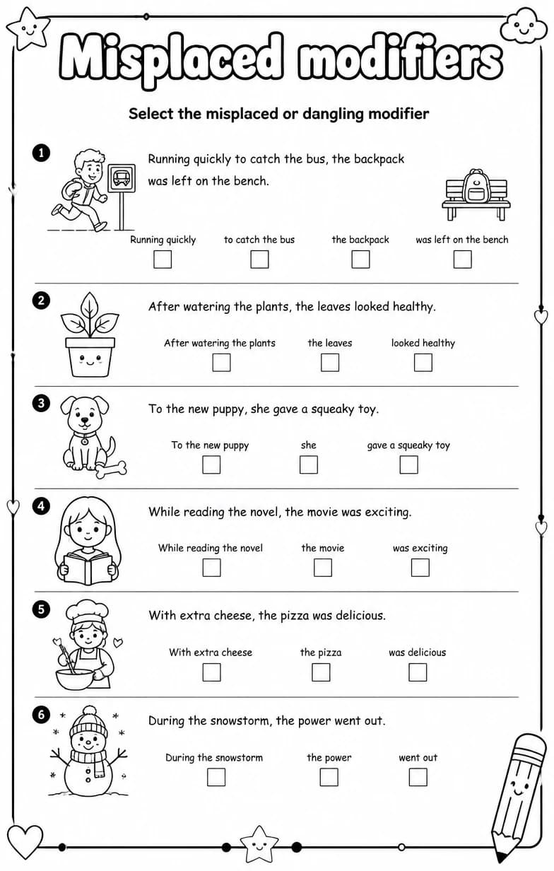 Select the misplaced or dangling modifier — free printable Grammar and mechanics English worksheet