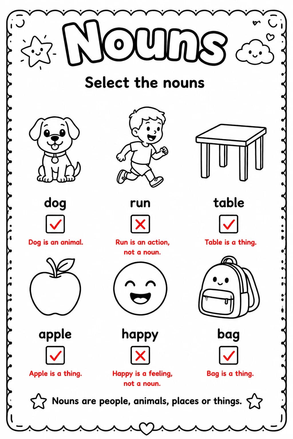 Answer key for Select the nouns — free printable English & Reading worksheet