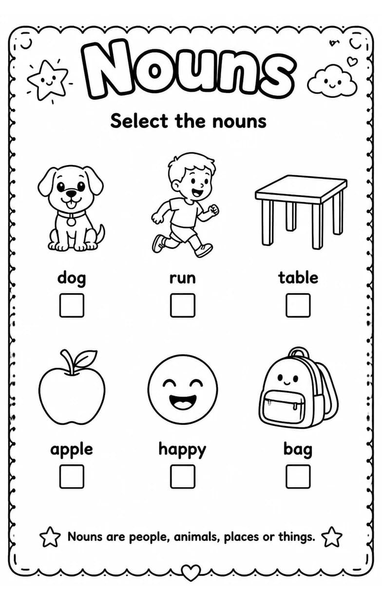 Select the nouns — free printable Grade 1 English & Reading worksheet
