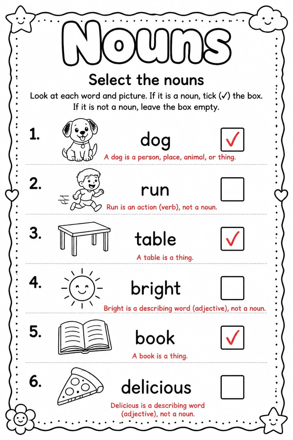 Answer key for Select the nouns — free printable English & Reading worksheet