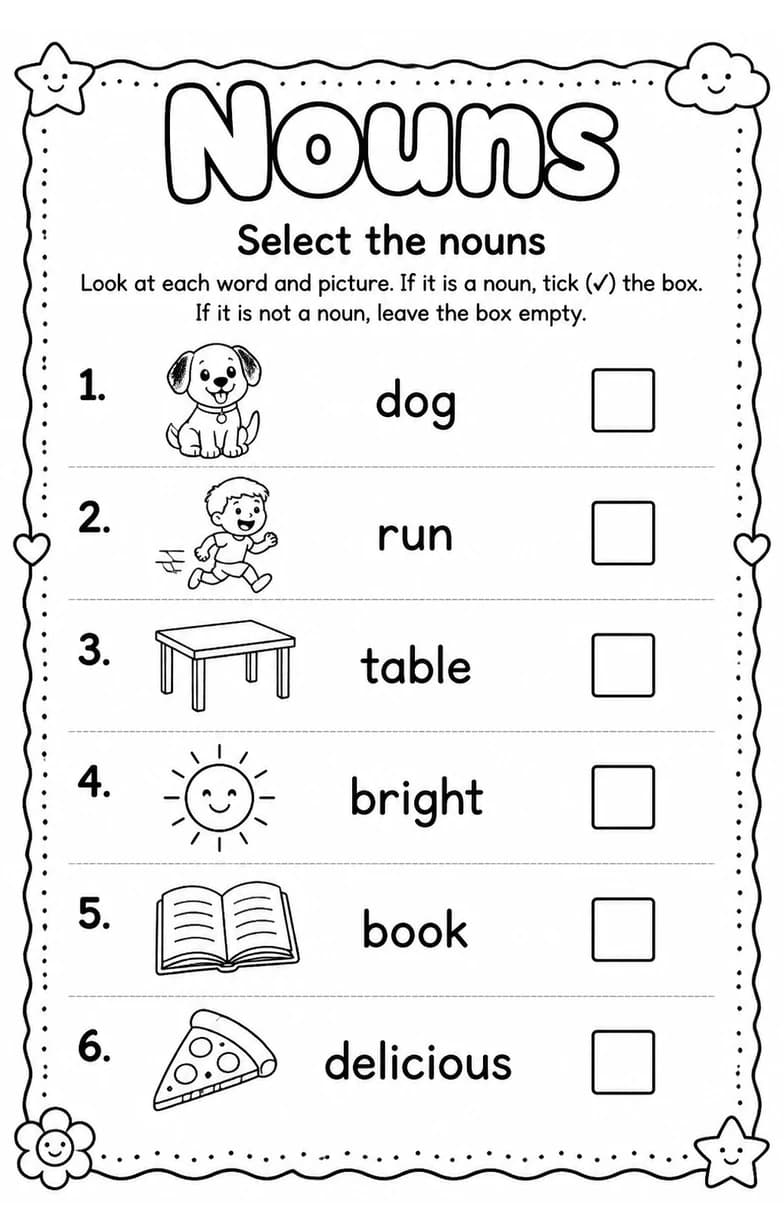 Select the nouns — free printable Grade 2 English & Reading worksheet