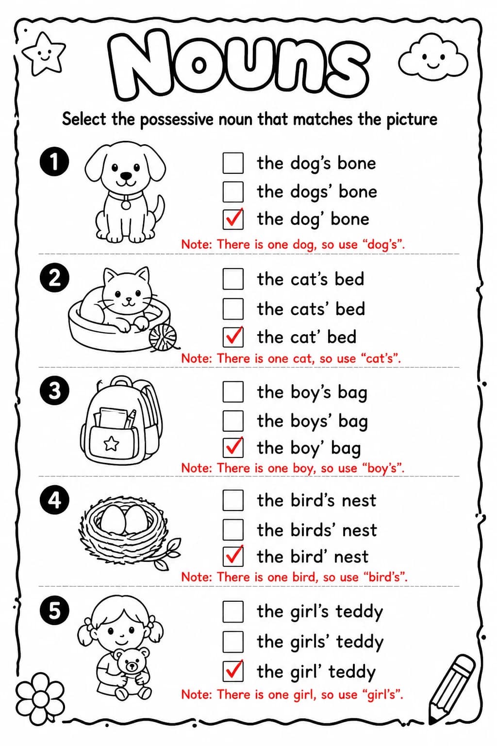 Answer key for Select the possessive noun that matches the picture — free printable English & Reading worksheet