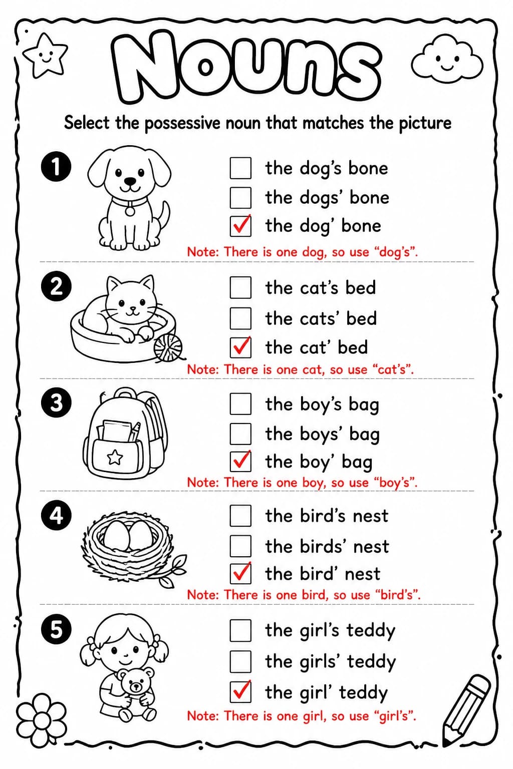 Answer key for Select the possessive noun that matches the picture — free printable English & Reading worksheet