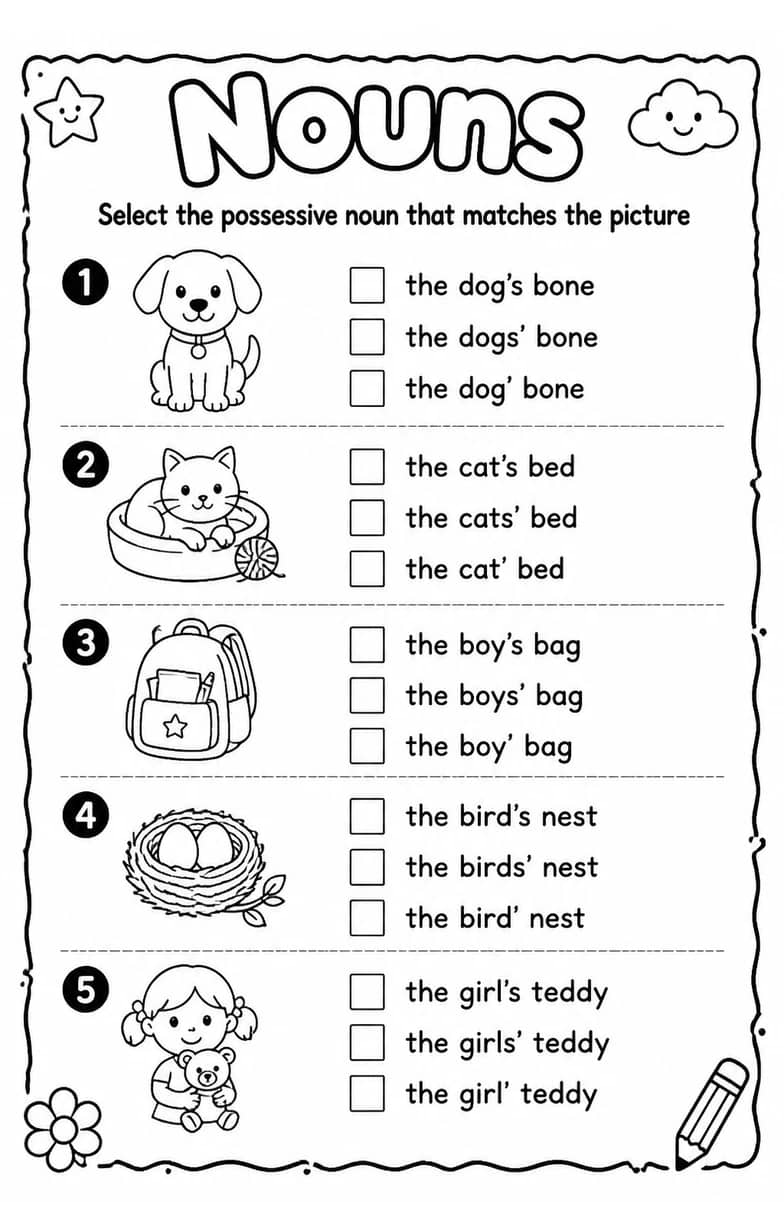 Select the possessive noun that matches the picture — free printable Grammar and mechanics English worksheet
