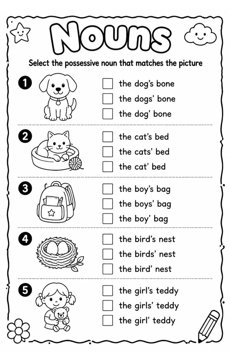 Select the possessive noun that matches the picture — free printable Grammar and mechanics English worksheet
