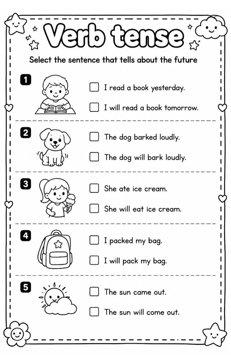 Select the sentence that tells about the future — free printable Grade 1 English & Reading worksheet
