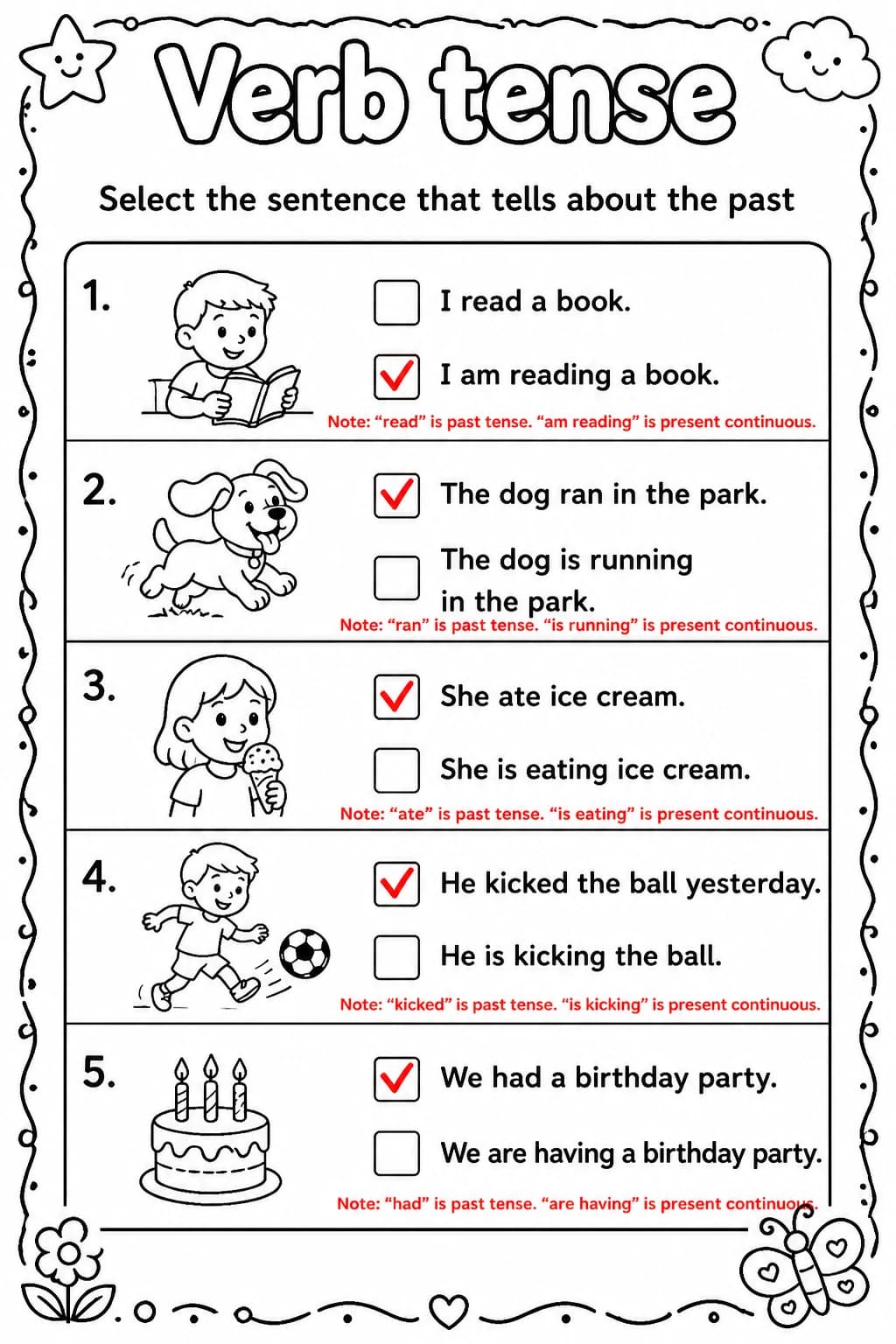 Answer key for Select the sentence that tells about the past — free printable English & Reading worksheet