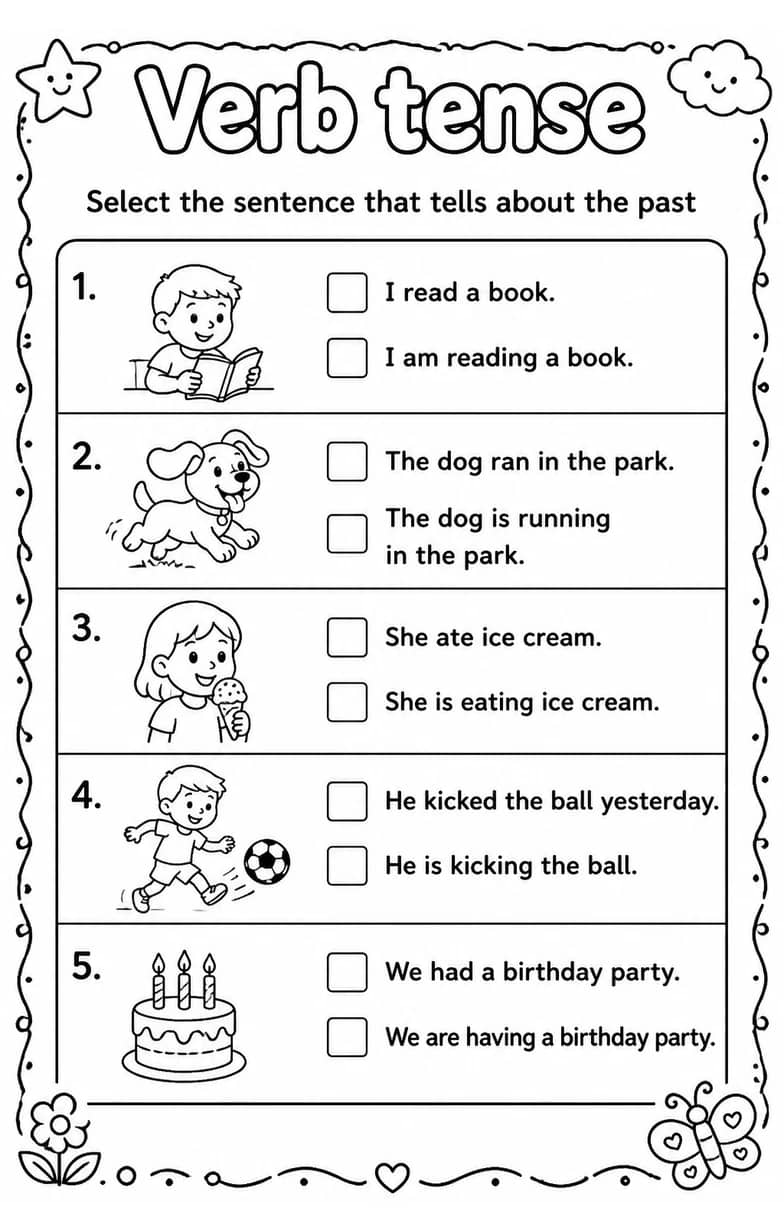 Select the sentence that tells about the past — free printable Grammar and mechanics English worksheet