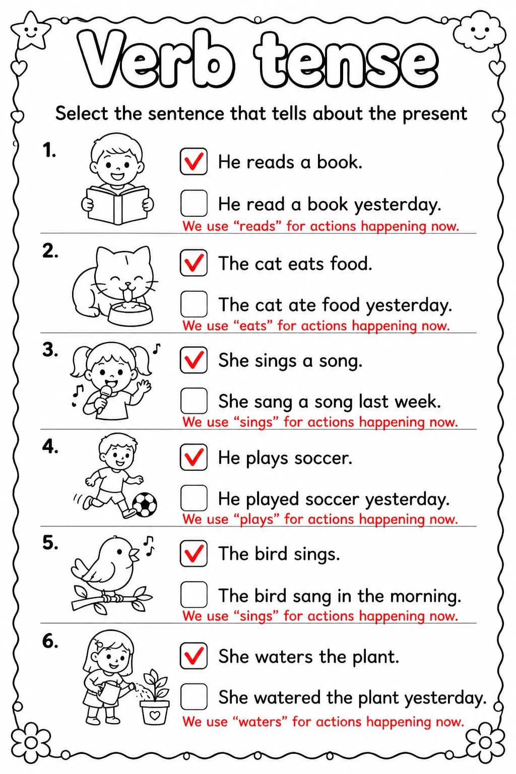 Answer key for Select the sentence that tells about the present — free printable English & Reading worksheet