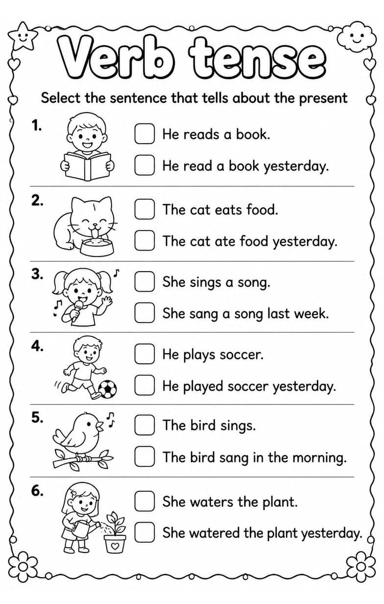 Select the sentence that tells about the present — free printable Grade 1 English & Reading worksheet