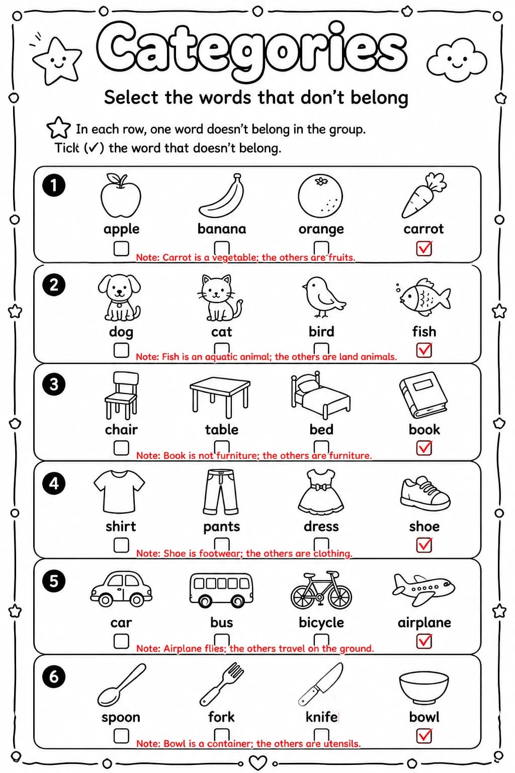 Answer key for Select the words that don't belong — free printable English & Reading worksheet