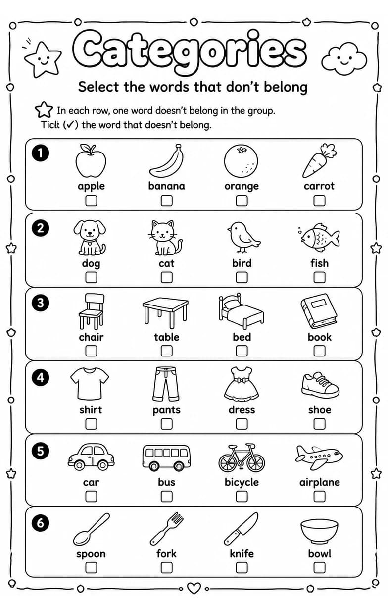 Select the words that don't belong — free printable Grade 3 English & Reading worksheet