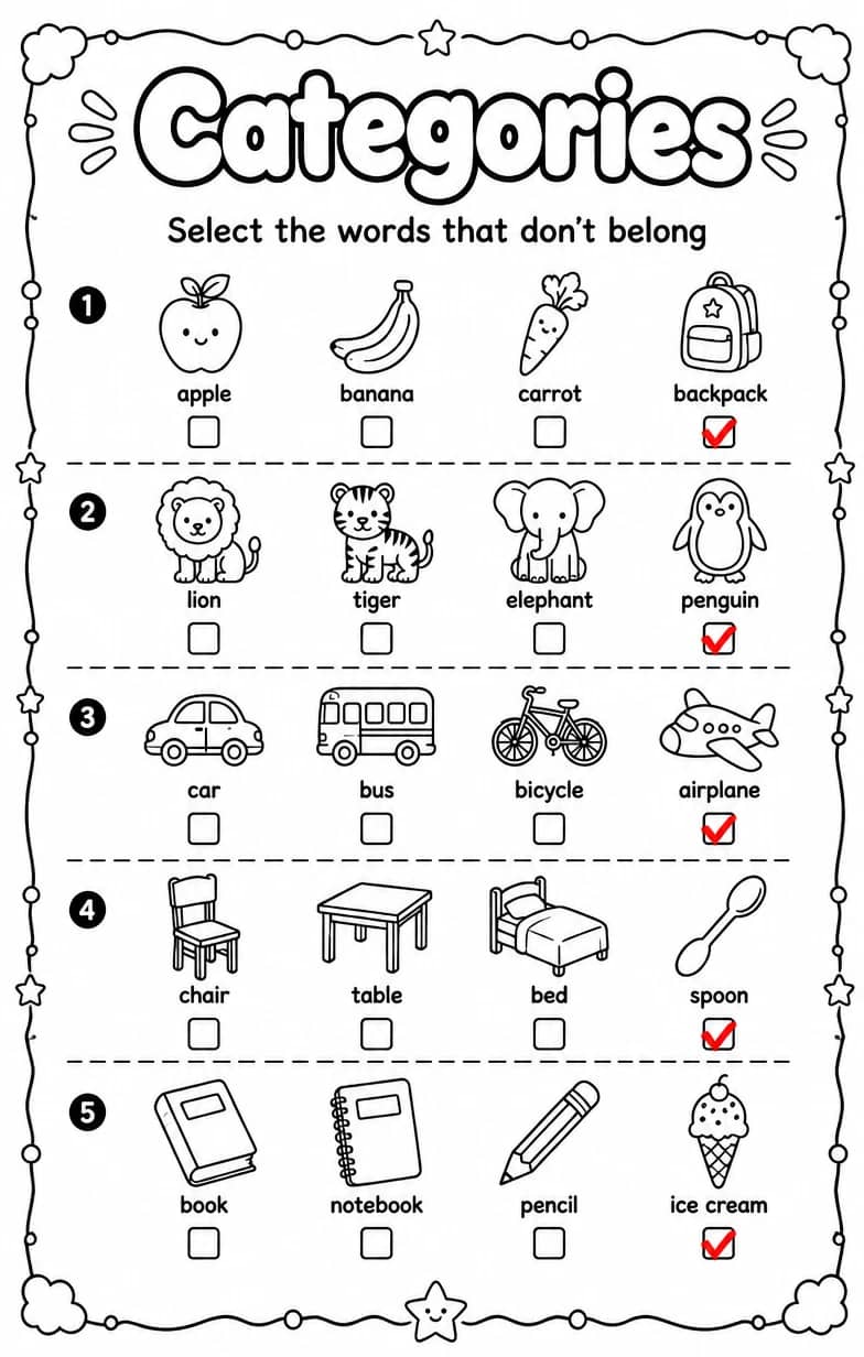 Answer key for Select the words that don't belong — free printable English & Reading worksheet