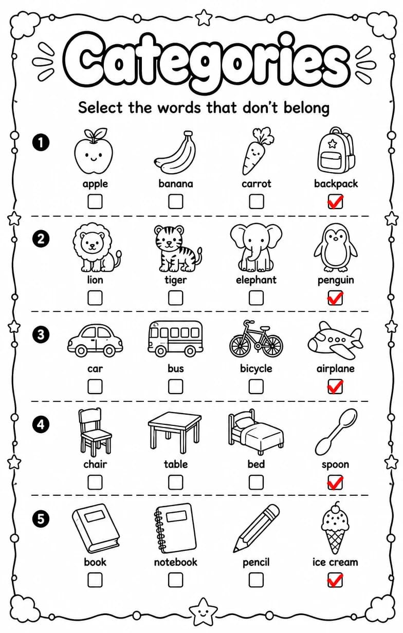 Answer key for Select the words that don't belong — free printable English & Reading worksheet