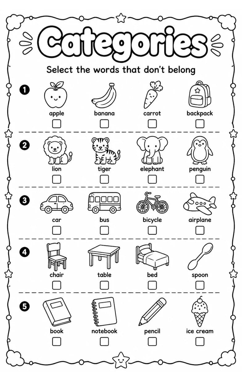 Select the words that don't belong — free printable Vocabulary English worksheet