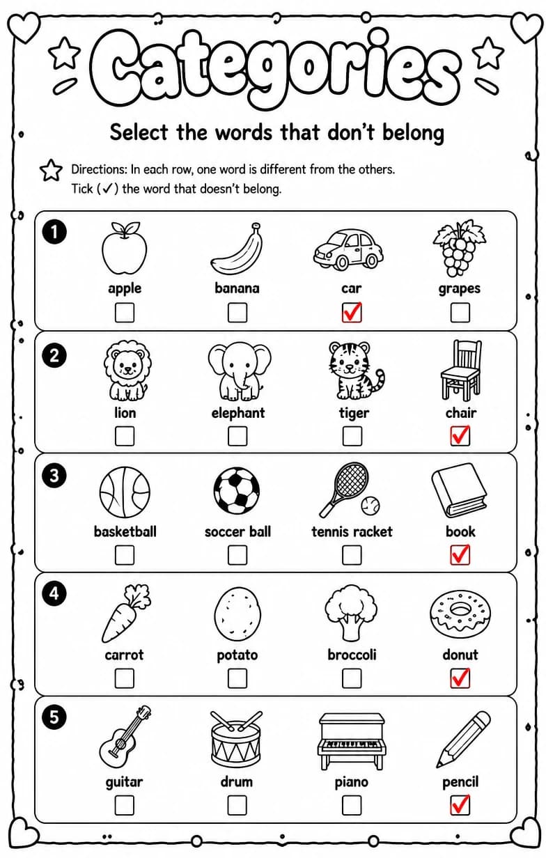 Answer key for Select the words that don't belong — free printable English & Reading worksheet