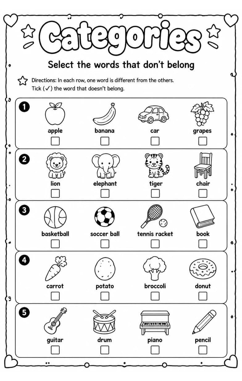 Select the words that don't belong — free printable Grade 5 English & Reading worksheet