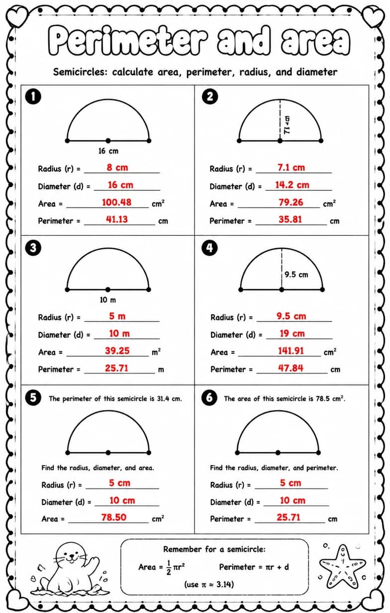 Answer key for Semicircles: calculate area, perimeter, radius, and diameter — free printable Math worksheet