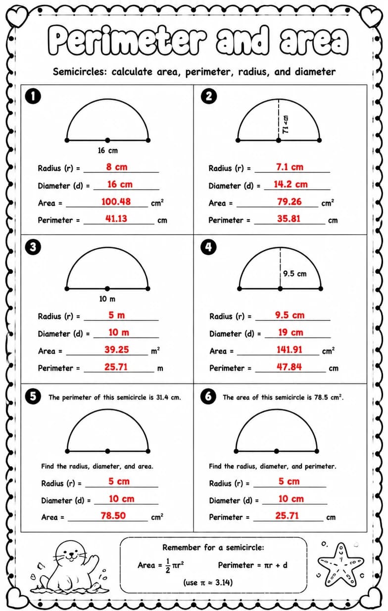 Answer key for Semicircles: calculate area, perimeter, radius, and diameter — free printable Math worksheet
