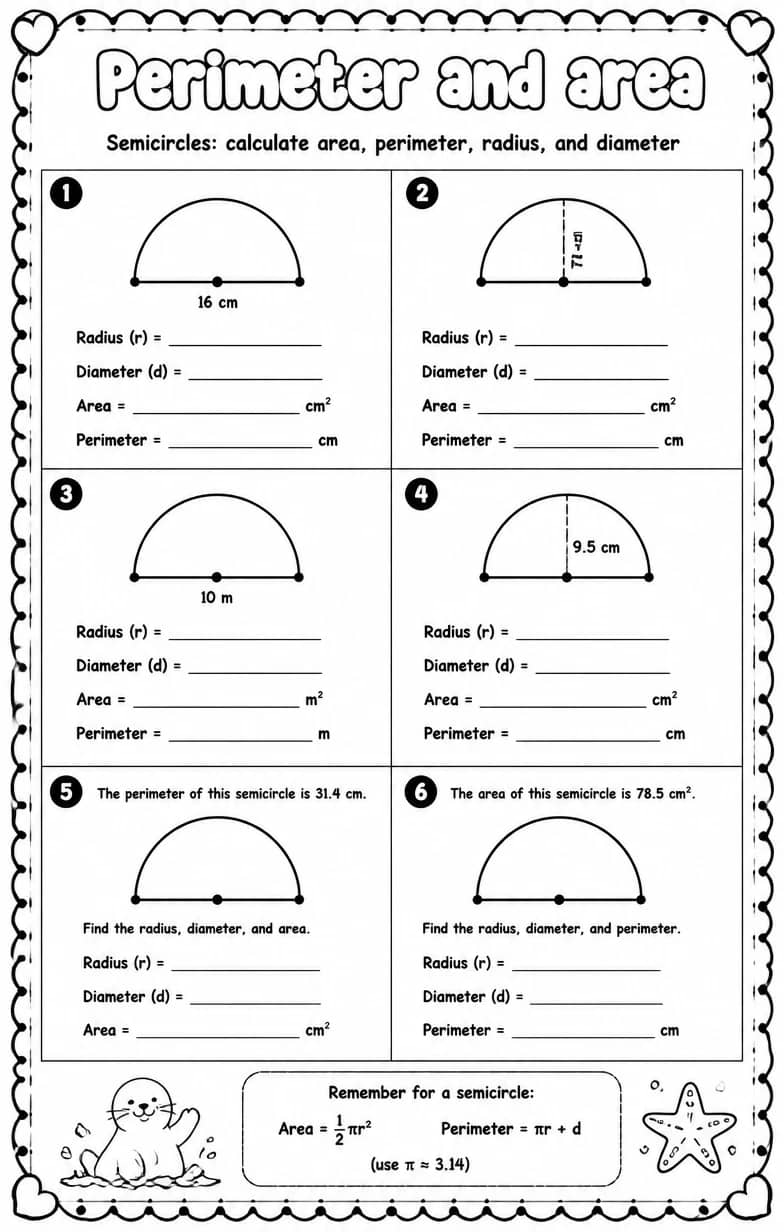 Semicircles: calculate area, perimeter, radius, and diameter — free printable Grade 7 math worksheet