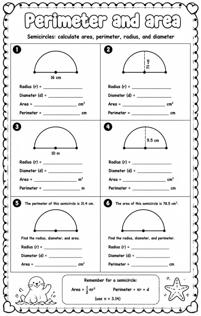 Semicircles: calculate area, perimeter, radius, and diameter — free printable Grade 7 math worksheet