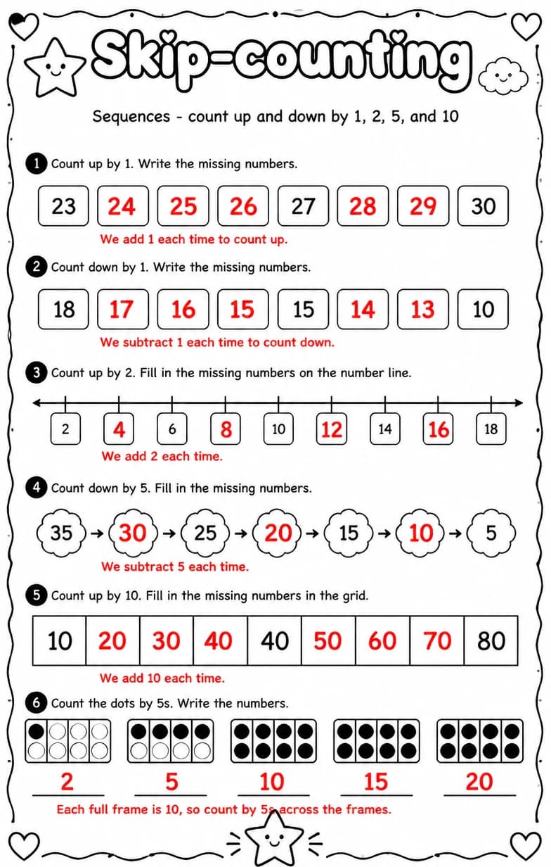 Answer key for Sequences - count up and down by 1, 2, 5, and 10 — free printable Math worksheet