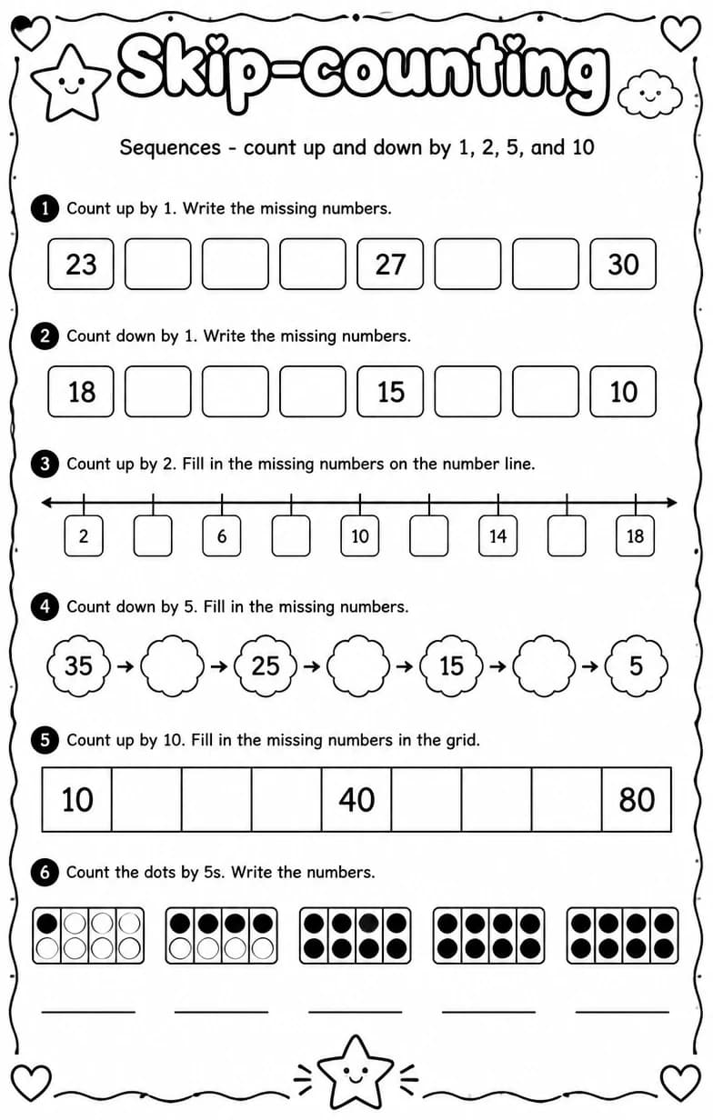 Sequences - count up and down by 1, 2, 5, and 10 — free printable Grade 1 math worksheet