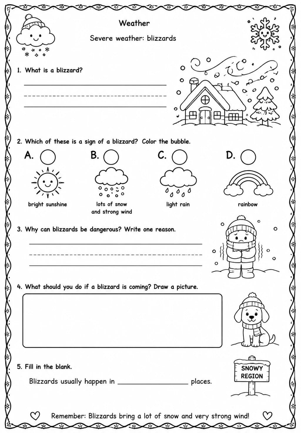 Severe weather: blizzards — free printable Kindergarten Science worksheet